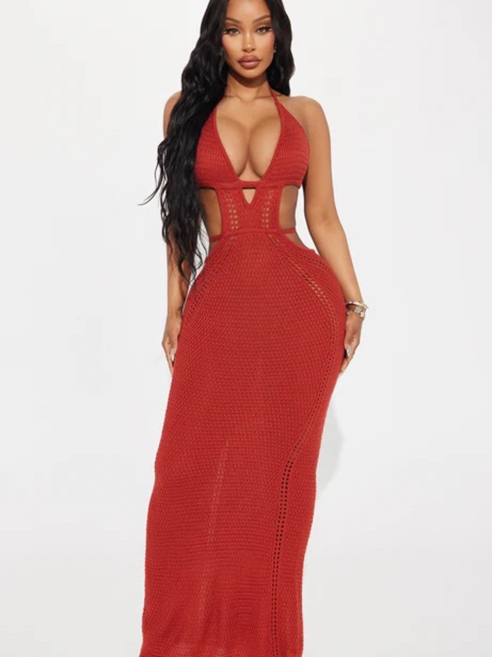 Fashion Nova Easy Breezy Crochet Halter Cutout Maxi Dress in Rust